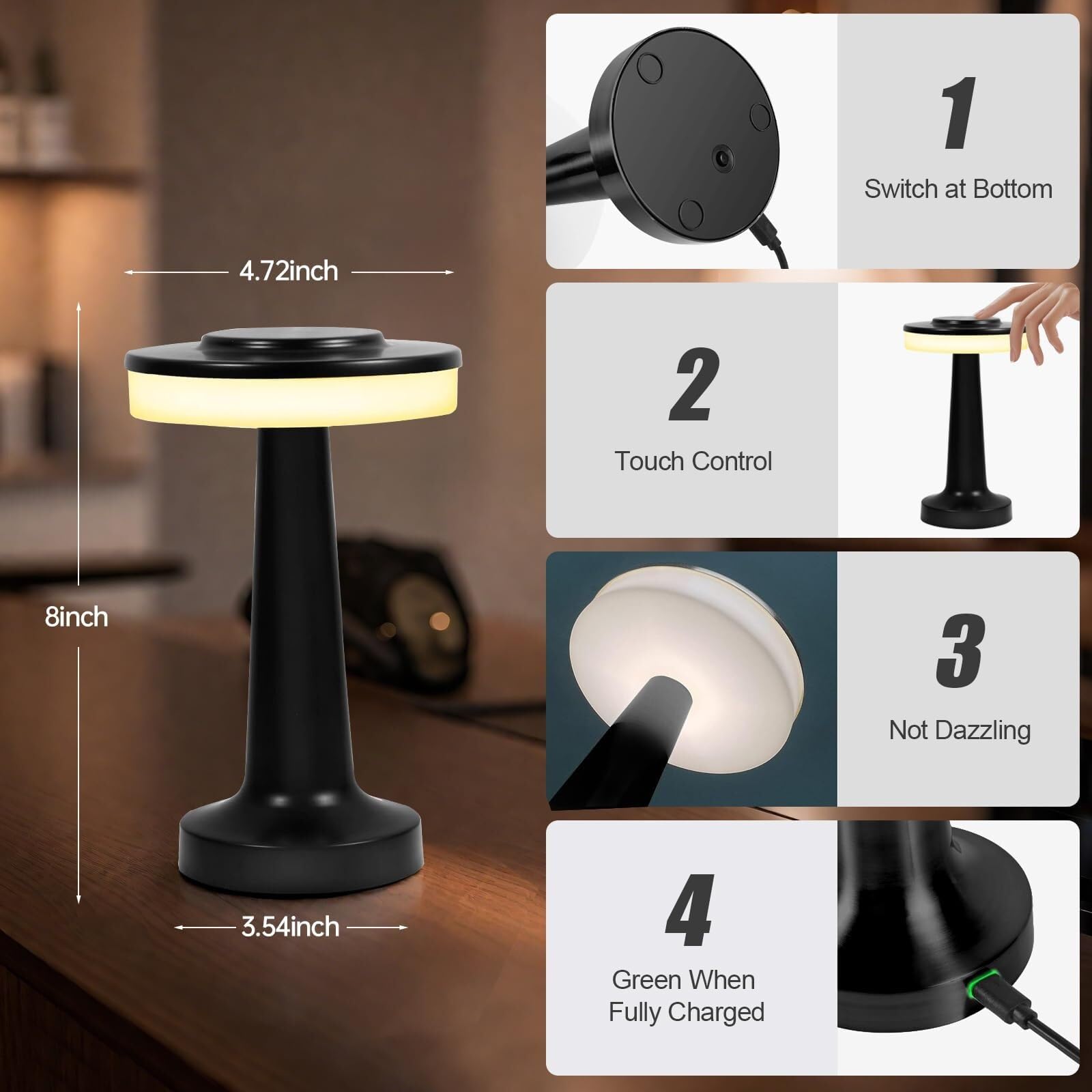 ZR98US Lampada Tavolo LED cordone Portatile con Cassa in Modo coerente funzionalità di Ricarica, per e Camera Letto, Pacchetto da 2 Nero Adatto a Soggiorno, dormitorio, Ufficio,