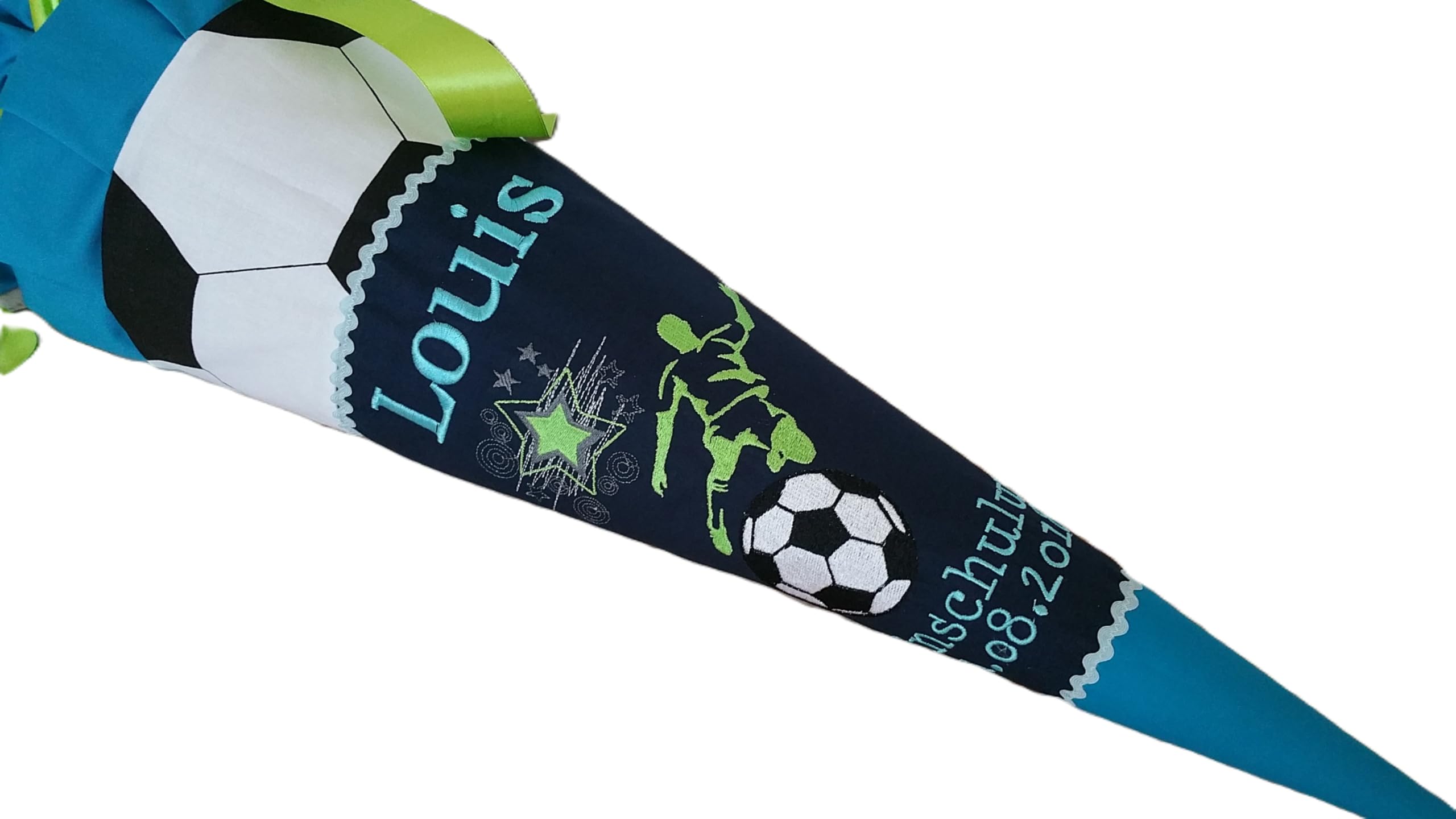 Schultüte aus Stoff, personalisiert mit Name und Datum, gestickt, Fussball, Fussballspieler, Jungen, Handmade, Größe: 70 cm