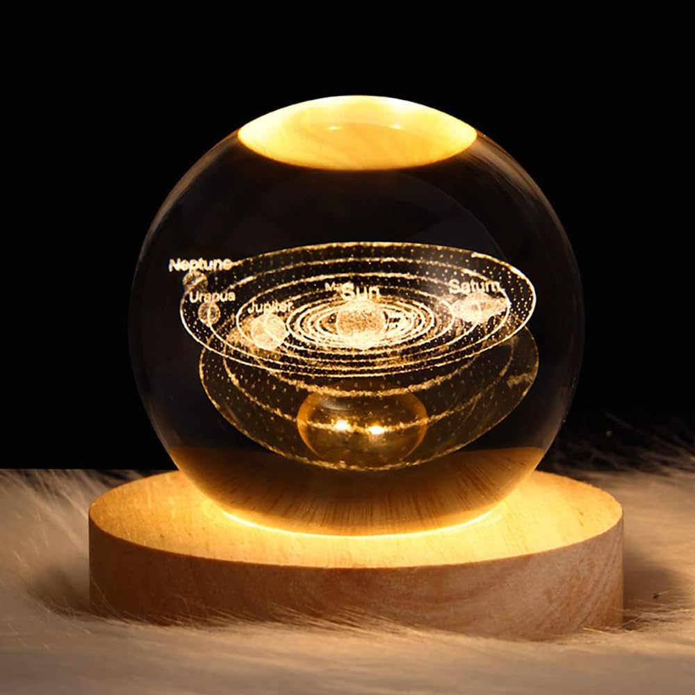3D Solar System Crystal Ball Night Light for Kids - Glass Ball Night Lamp with Wood Base - Fantasy Decor - LED Galaxy Planet Nightlight Gift - Bedroom Decor
