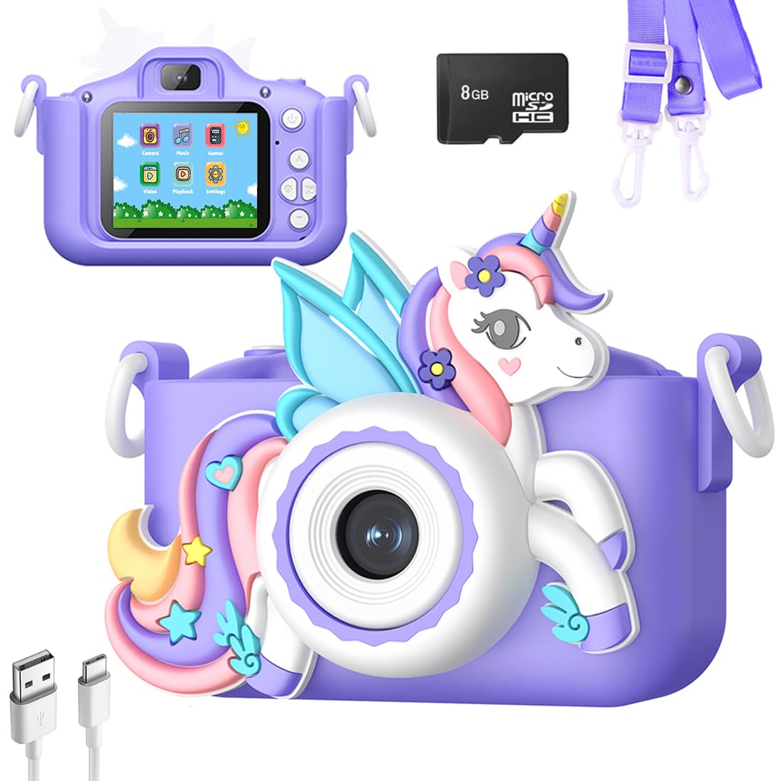 Wembley Kids Digital Camera Compact Unicorn Design Selfie Camera Video Recorder Photo Capture Games 4GB SD Card 2.0 Inch Screen for Girls Boys 4+ 5 6 7 8 - Purple-image-35