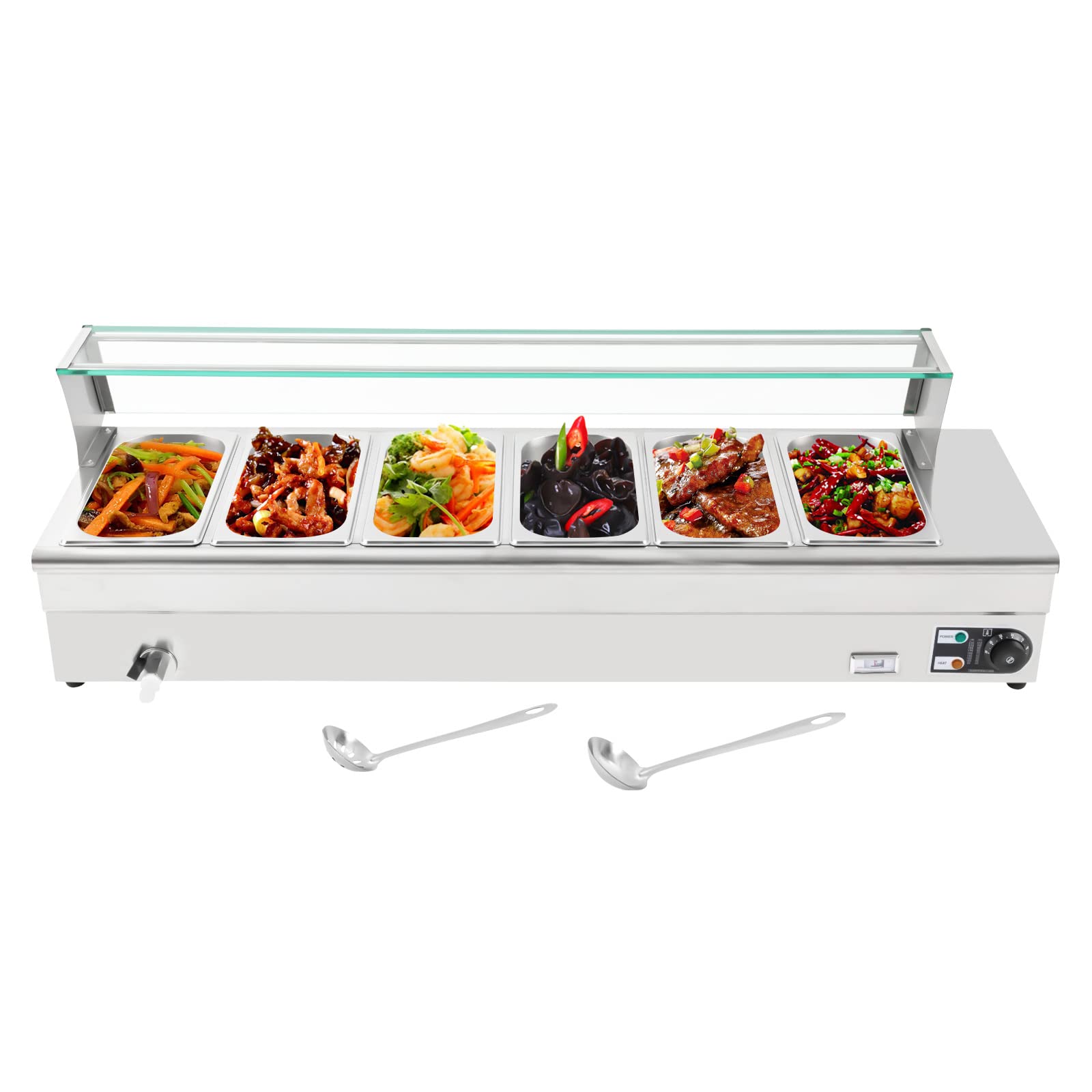 HinLIaDa 110V Bain Marie Food Warmer, 6 Pan x 1/3 GN Food Grade Stainelss Steel Commercial Food Steam Table 6-Inch Deep 19 Quart 1200W Electric Countertop Food Warmerwith Tempered Glass Shield