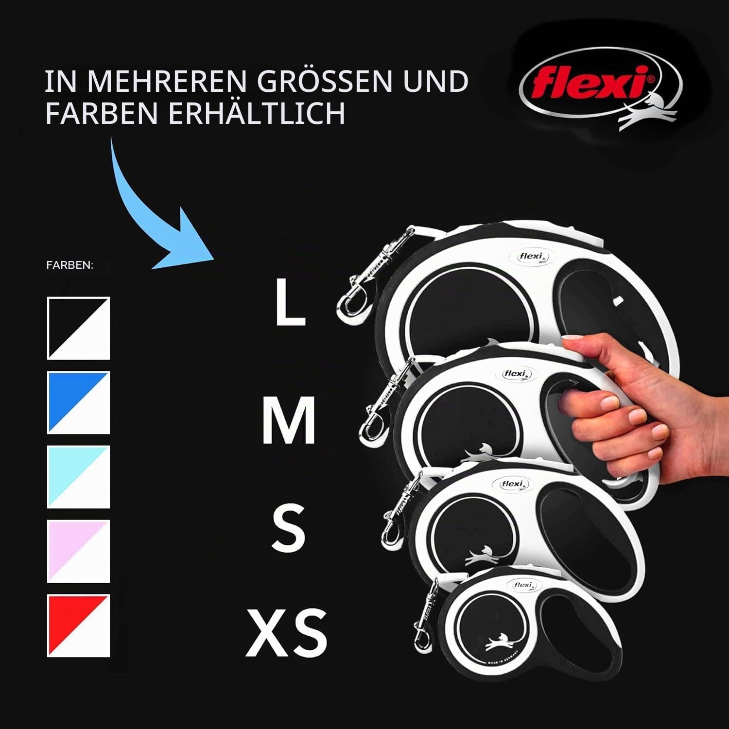 Flexi New Comfort einziehbare Hundeleine (Klebeband), ergonomisch, langlebig und verhedderungsfrei, für Hunde bis zu 11,8 kg, 3 m, Größe XS, Grau/Schwarz