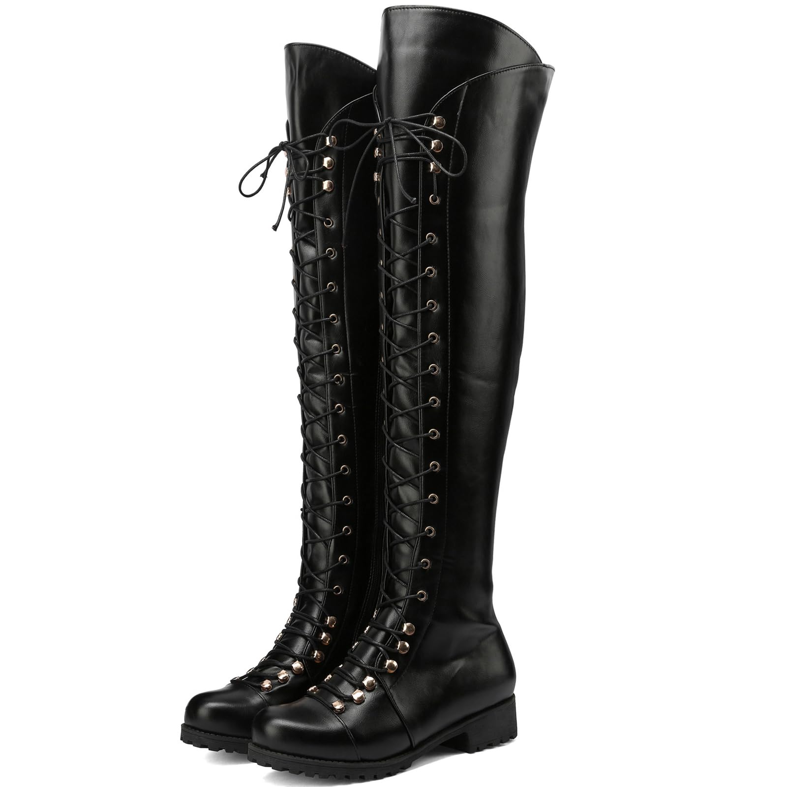 Womens Over Knee High Riding Combat Boots Lace Up Motorcycle Boots with Side Zipper