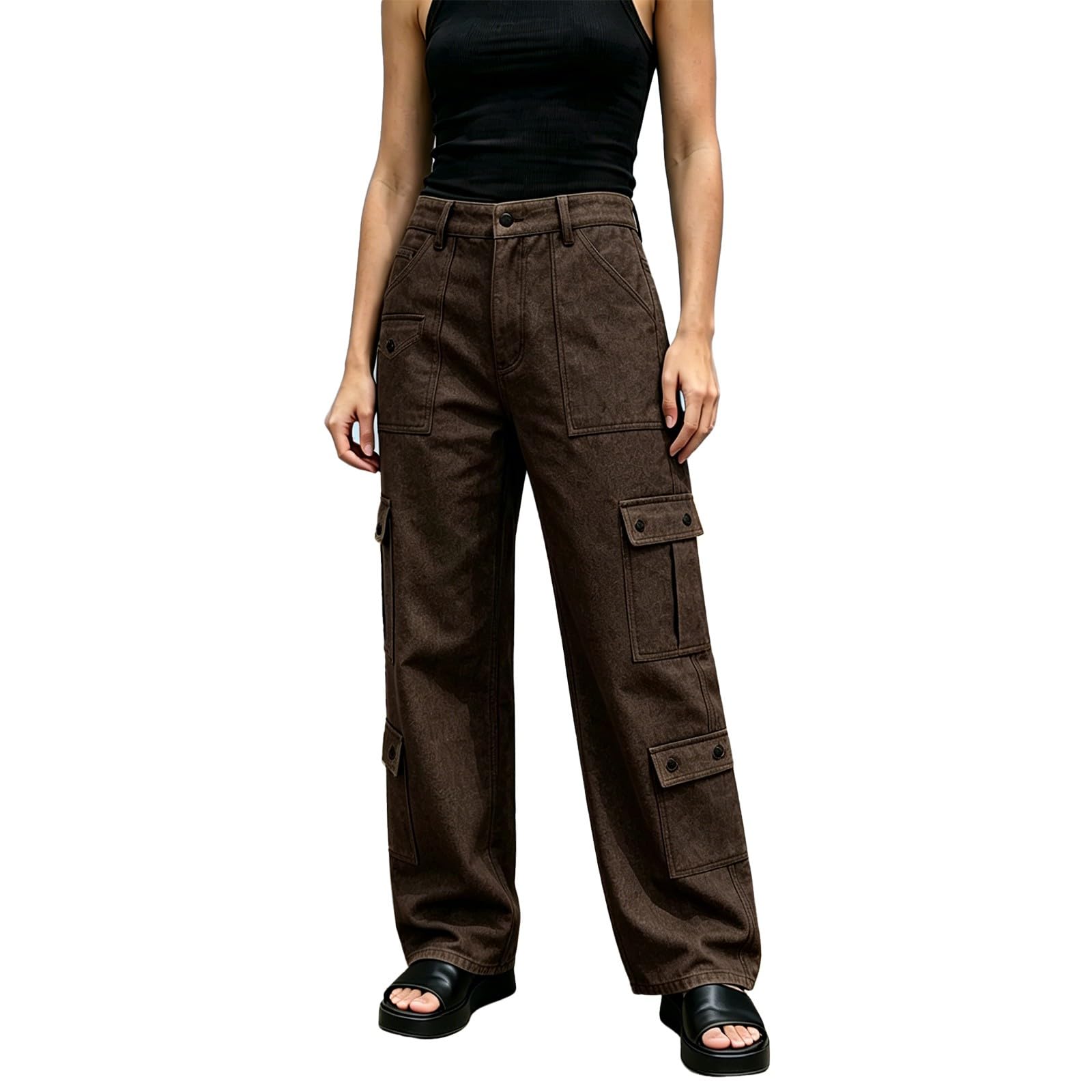 WWricotta Pantalones Casuales Mezclilla Color Liso Bolsillos, Pierna Recta, cómodos día a día, Mujer, Cintura Alta