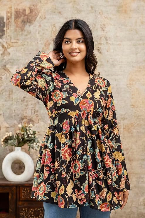 Image of LABEL ADRIJA Cotton V Neck Anarkali Short Kurti for Women Full Sleeve Floral Print | Short Kurtis for Women on Jeans