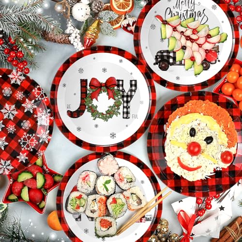 Image of Fourluoo 96 Pcs Christmas Paper Plates Disposable 7 Inch Black and Red Buffalo Plaid Dinner Plates for Xmas Birthday Party Table Decoration Supplies