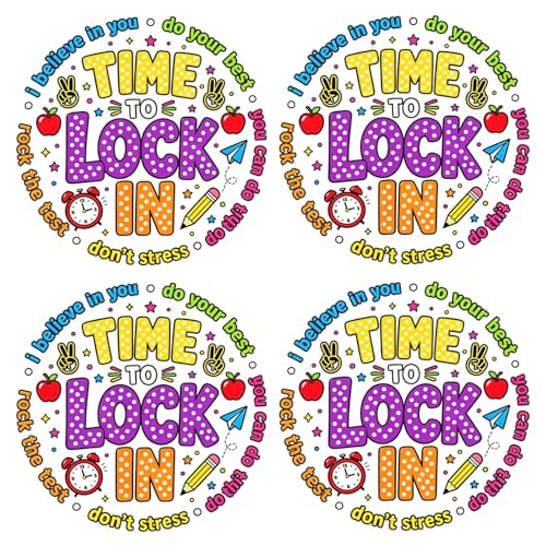 Time to Lock in Test Day Teachers Testing Day Motivation DTF Transfers Ready to Press (4-Pack) - Pro Heat Transfer for T-Shirts, Wash-Resistant Iron On Decals for Dark/Light Fabrics