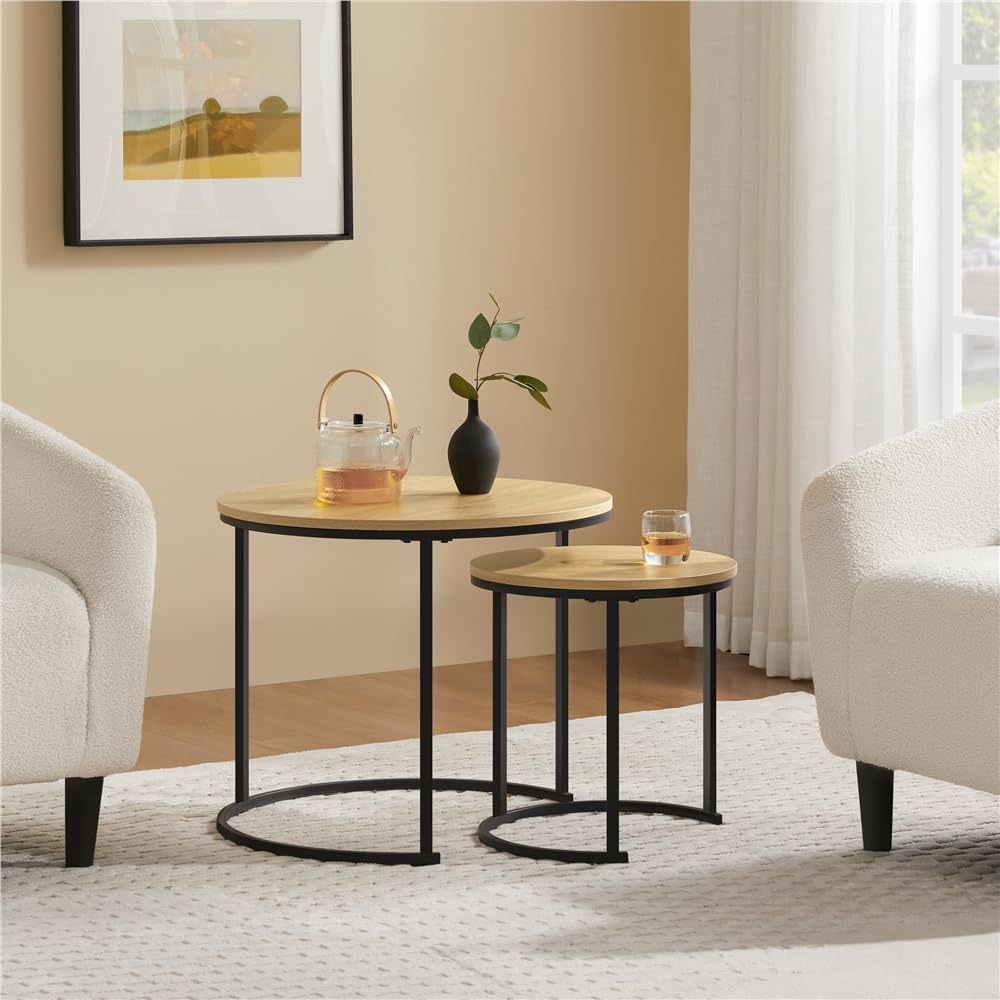 Yaheetech Juego de 2 Mesa de Centro Redonda Anidable con Patas de Metal Set 2 Mesa de Centro Nido Maderna de Café Rustica para Salón Mesa Auxiliar 60x60x50,5cm Roble Claro