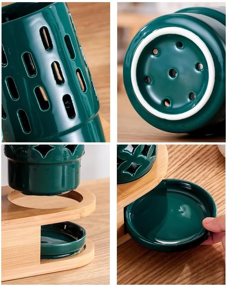 kitchen utensil holder 3 Pieces Ceramic Utensil Caddy with Bamboo Base, Creative Triangle Kitchen Silverware Caddy for Countertop, Cutlery Storage Organizer Drain Rack Cooking Utensil Holder(White-002