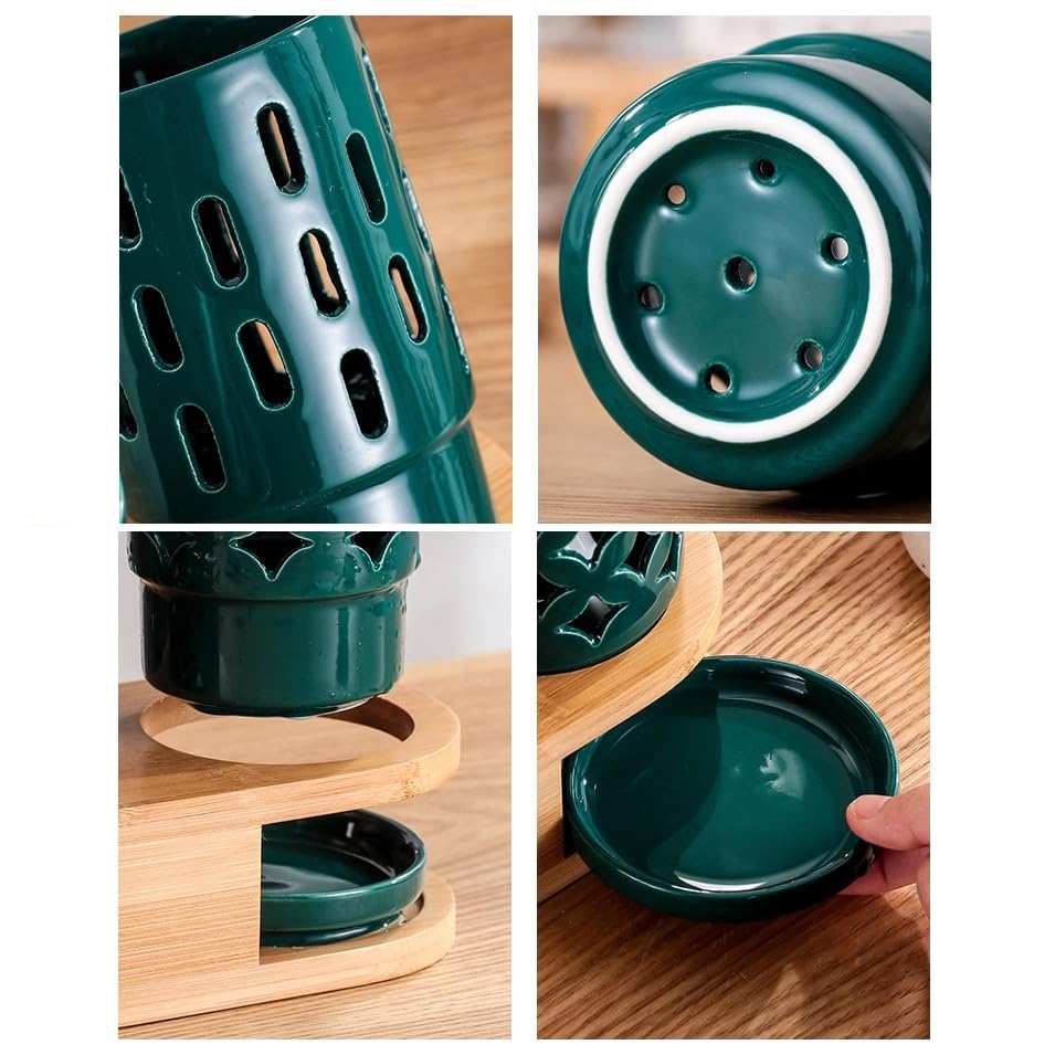 Besteckhalter für Utensilien 3-teiliger Keramik-Utensilienbehälter mit Bambusbasis, kreativer dreieckiger Küchen-Besteckbehälter for die Arbeitsplatte, Besteckaufbewahrung, Organizer, Abflussregal Ute