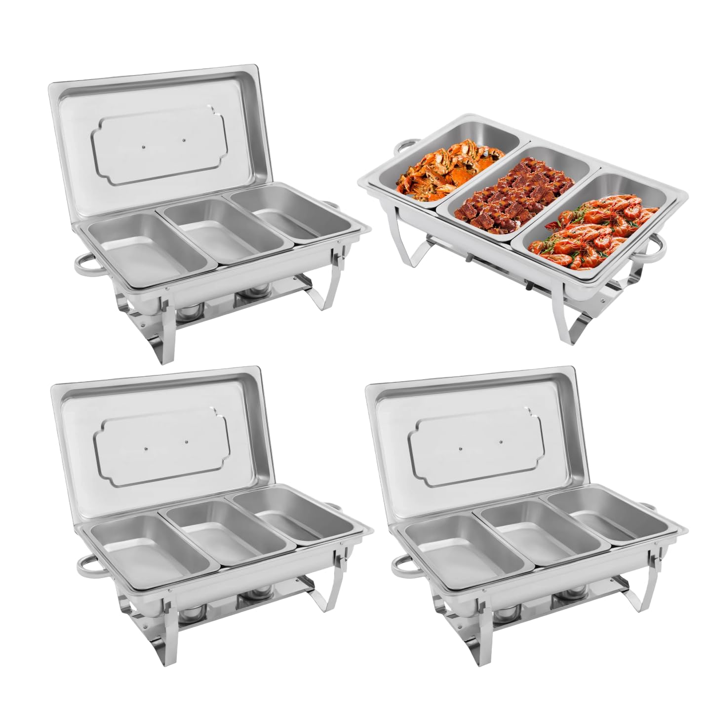 2/4 sztuki, składany 3-krotny zestaw naczyń Chafing Dish, 7,5 l, ogrzewacz bufetowy ze stali nierdzewnej z palnikami na paliwo stałe, patelnia grzewcza, pojemnik na ciepło, kratownica