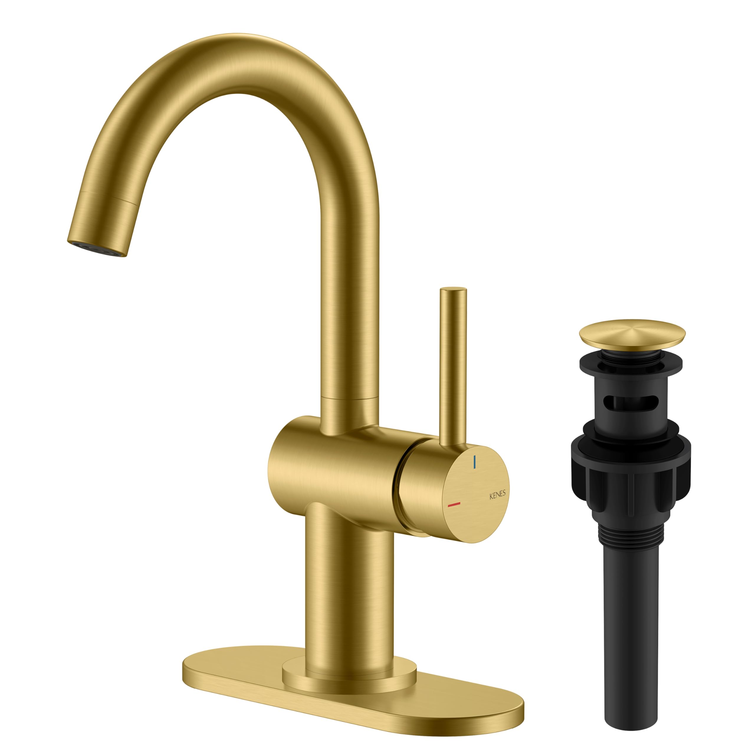 KENES Brushed Gold Single Handle Bathroom Faucet, Single Hole Vanity Faucet