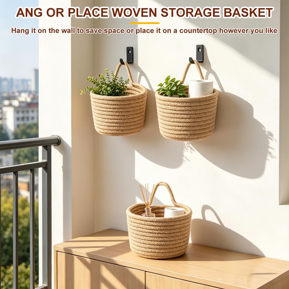 Hängekorb, HOVCEH 3 Stück Boho Korb zum Aufhängen, Obstkorb Wand mit 3 Klebehaken & 3 Garderobenhaken, 12x 16 cm Handgeflochten Hängekörbe für Büro, Küche, Schlafzimmer