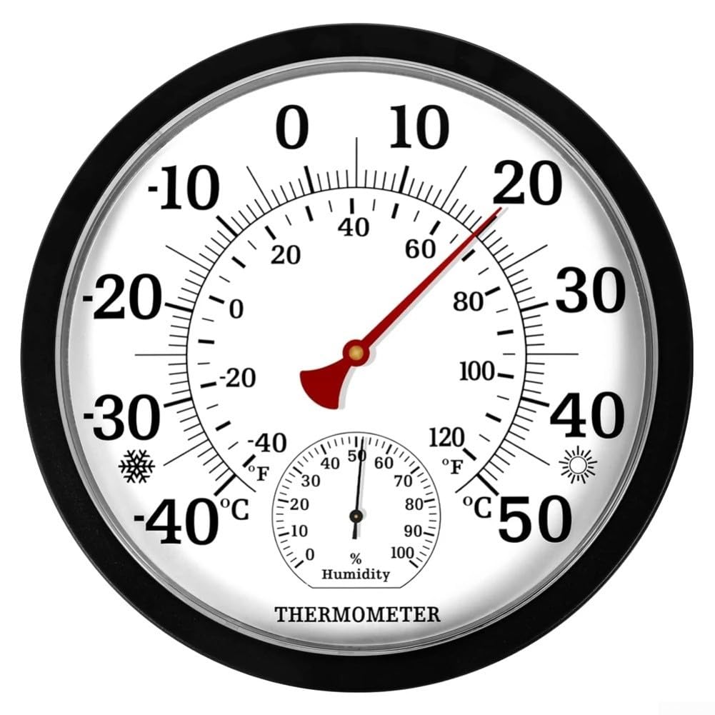 Termómetro higrómetro inalámbrico, calibre analógico de 25 cm para interiores y exteriores con pantalla acrílica grande, temperatura de -40 a 50 °C y 0-100% para humedad RH para invernadero