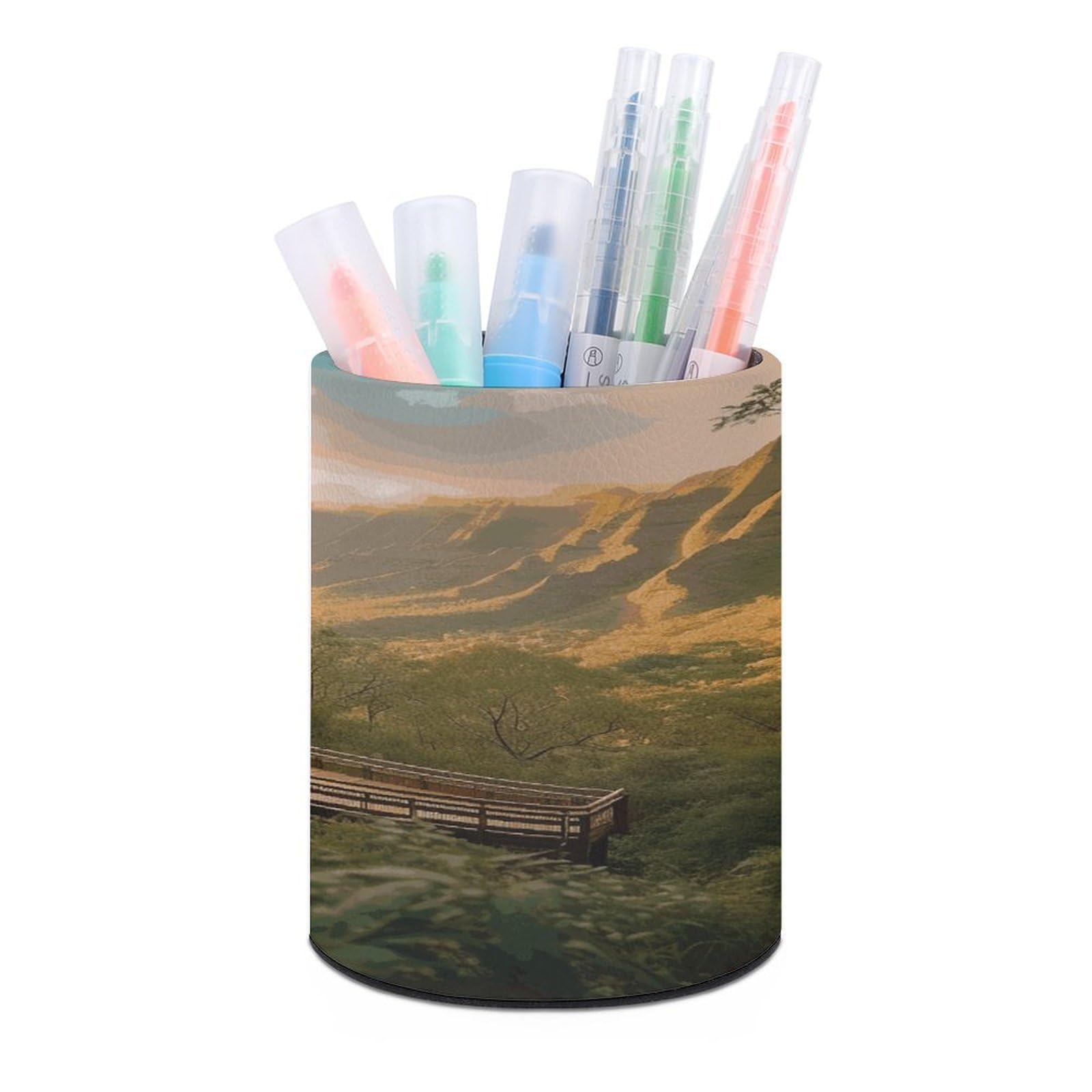 FekiLoot Round Wilderness Park Pen Holder for Desk PU Leather Waterproof Pencil Cup Stand Minimalist Makeup Brush Storage Organizer Desktop Stationery Container Accessorires