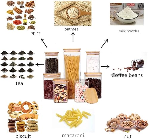 Miniatura 5 de LEAVES AND TREES Y Recipiente de almacenamiento de vidrio con tapa de madera, juego de 7 tarros cuadrados de vidrio con tapas de bambú, recipientes