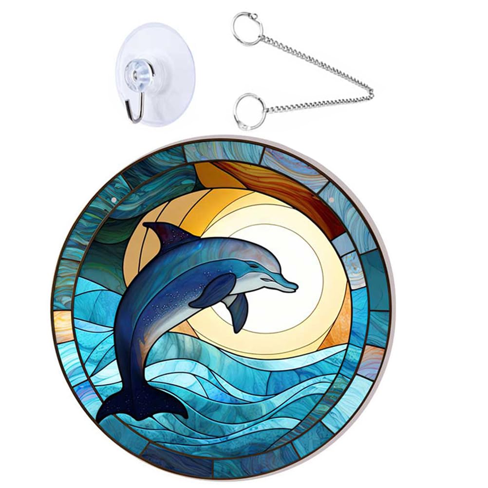 IMIKEYA 1 Set Dolphin Jumping Moon Window Hanging Round Acrylic Stained Glass Hand Painted Wall Art Panel Decoration For Home Porch Door Office Bedroom