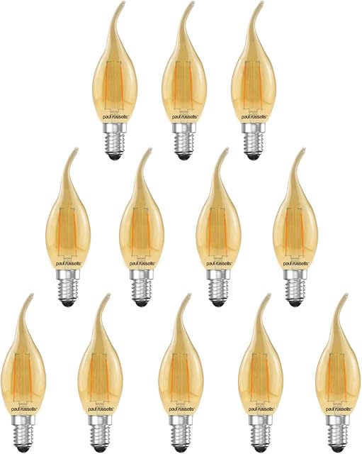 paul russells LED Filament Flame Candle Light Small Edison Screw E14, 20w Equivalent Replacement C35T Lamp 2.5W 200LM Lumens 2200K Amber Bulbs, Energy Saving Chandelier Bent-Tip Lightbulbs, Pack of 12