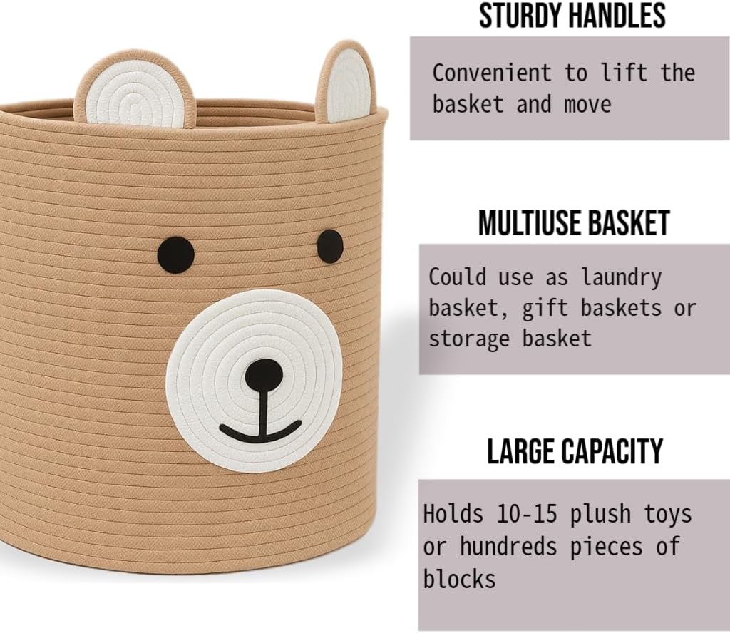 Baby Laundry Basket, Bear Basket, Baby Shower Baskets, Bear Gift Baskets for Kids, Nursery, Toy Storage, Cotton Rope Hamper with Handles (Light Brown, 13" D x 15" H)