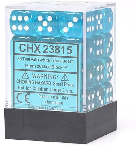 Chessex Bloque de dados translúcido D6 de 0.472 in verde azulado/blanco (36 dados), 23815CHX