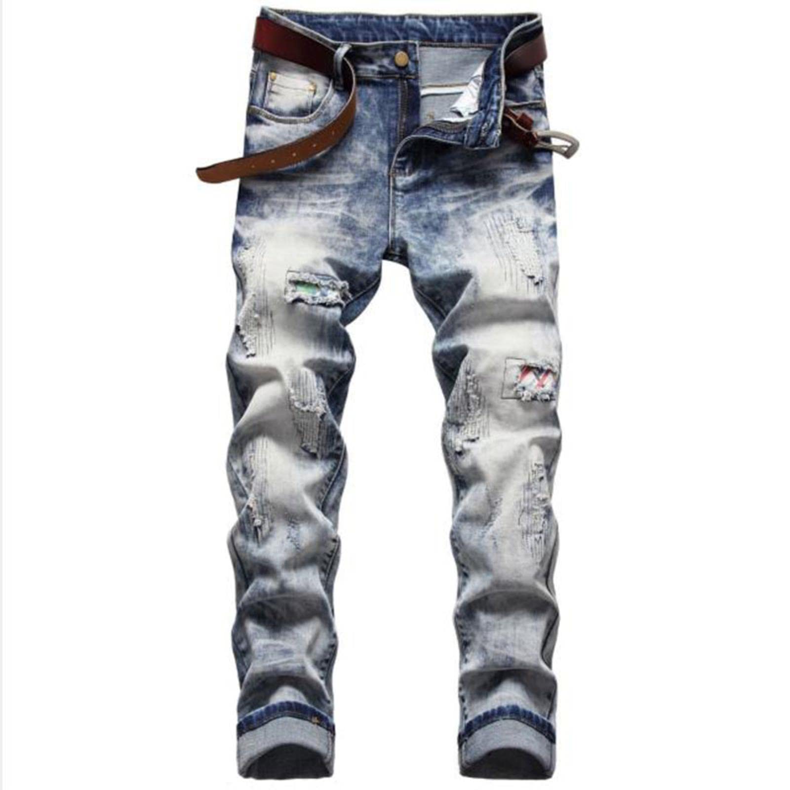 Mens Ripped Jeans Blue Denim Pants 