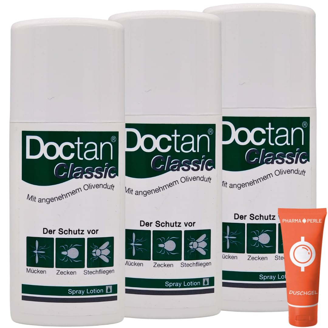 Doctan Classic Spray Lotion, 3x 100 ml I bis zu 12 Stunden Schutz vor Mücken, Zecken und Stechfliegen, Malariaprophylaxe, Zika-Virus I Für Kinder ab 2 Jahren I Spar-Set plus Pharma Perle give-away