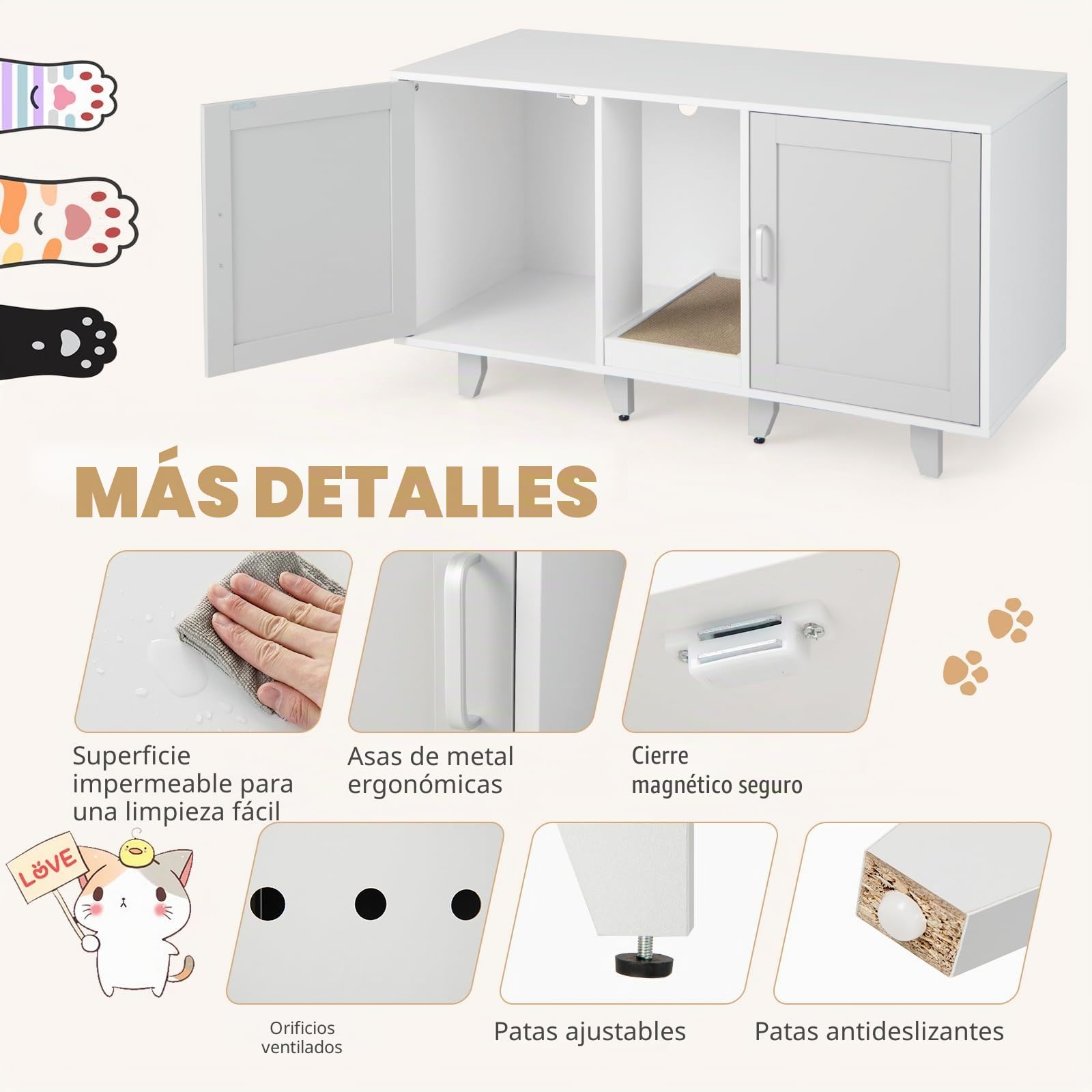 GOPLUS 3 en 1 Casa de Aseo para Gatos, Cajas de Arena para 2 Gatos, Arenero Cubierto con 2 Puertas con Patas Desmontables y Tabla de Garras Desmontable, Mesa Auxiliar para Mascotas 120 x 52 x 65 cm