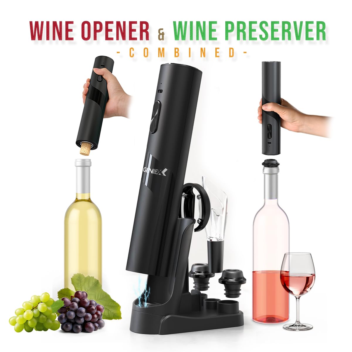 Abridor de vino eléctrico 6 en 1 con base de carga, parte inferior de sacacorchos automático + tapa automática de ahorro de vino | Regalo perfecto para vino