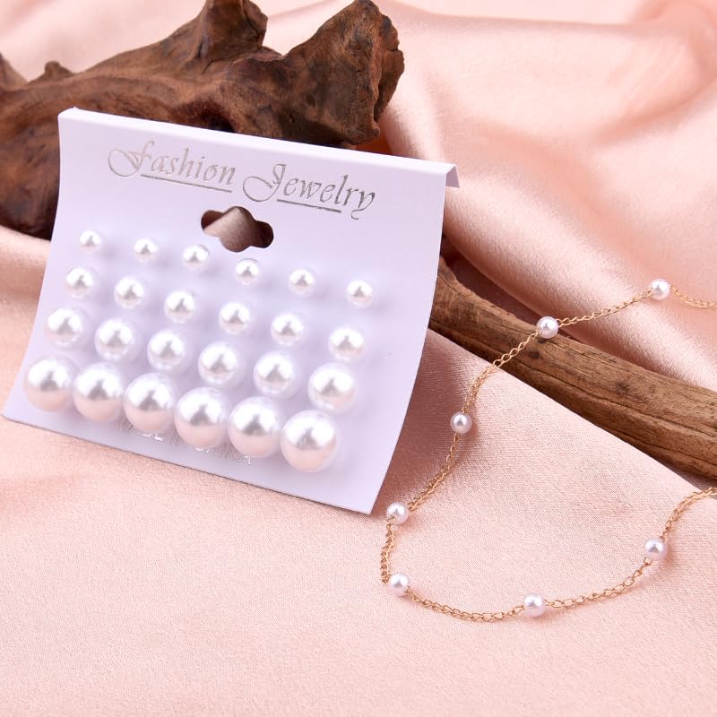 Image of Pearl Earring Stud Pearl Necklace Choker for Bride Wedding Earring Necklace