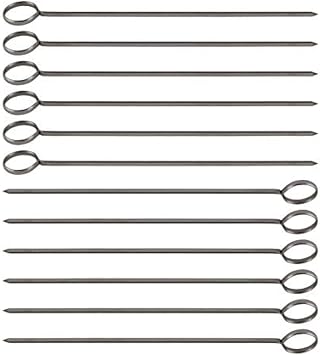 10-Inch Long Stainless Steel Skewer, Barbecue, BBQ, Shish Kebab Kabob Skewers, Ring-Tip Handle, 1-Dozen