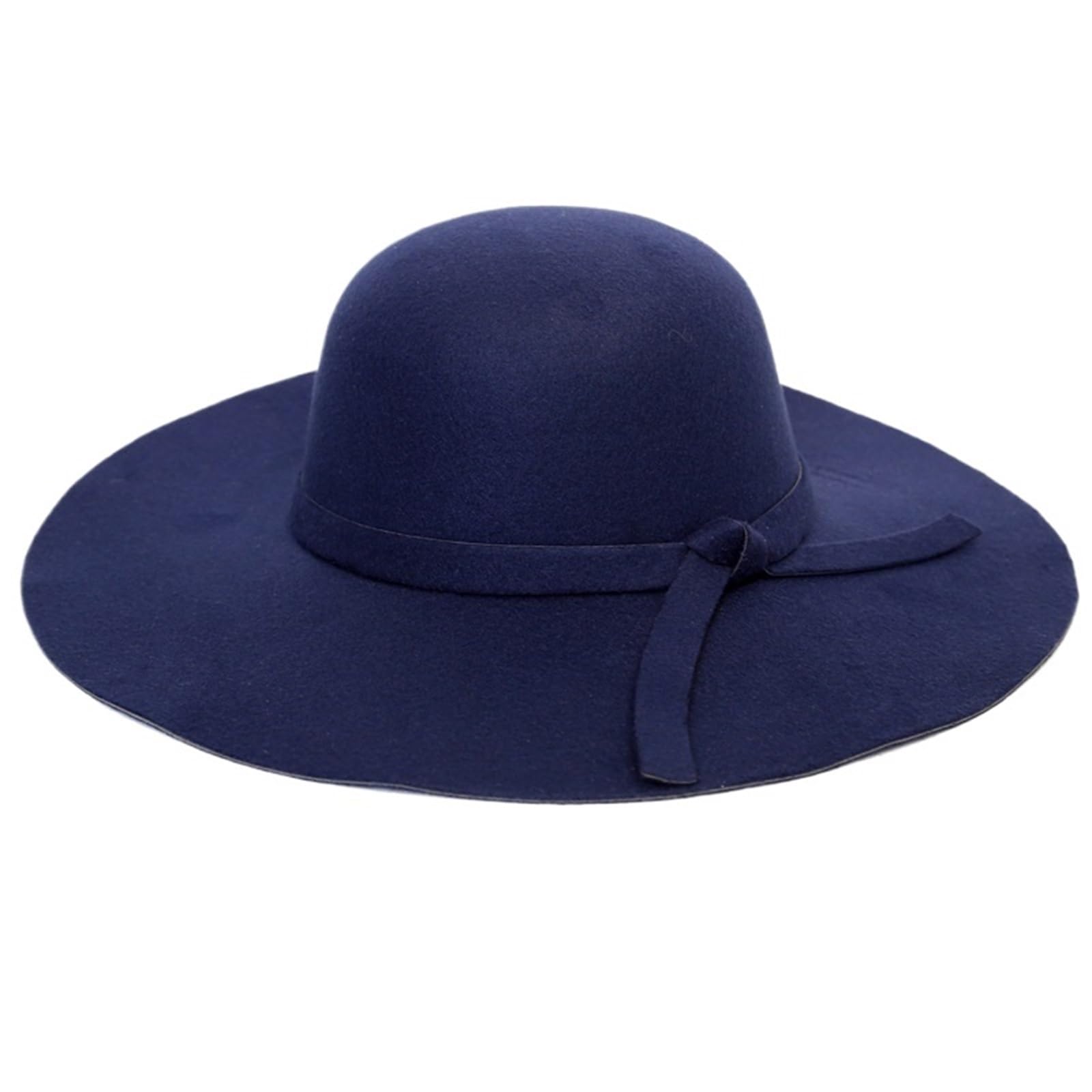Ateuxol Women's Dark Blue Bowler Hat Wide Brim Bowler Fedora Hats Felt With Ribbon Bow Lady Floppy Cloche Cap Formal Party Top Hat(Dark Blue)