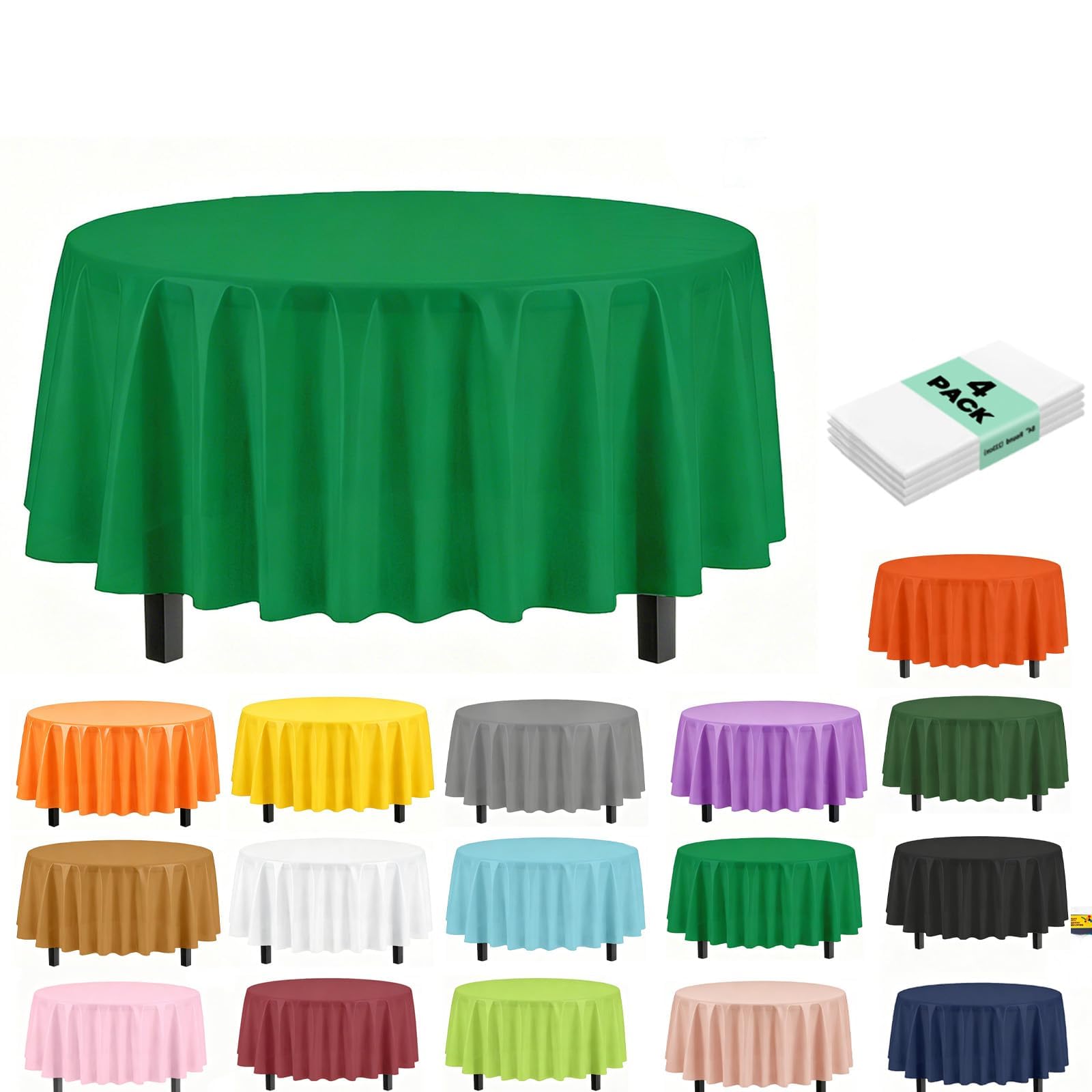 4Pack Plastic Deep Green Party Tablecloths for Round Table, 84 inch Large Round Disposable Table Cover for Party, Decorative Paper Tablecloth Bulk for Picnic, Baby Shower,Wedding,Birthday,Christmas