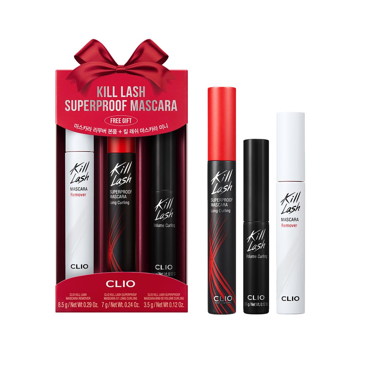 CLIO CLIO Kill Lash Superproof Mascara Holiday Gift Set, Waterproof Lash with Long Curling, Volume Curling Mini and Remover, Smudge-Resistant Long Wear, Safe for Sensitive Eyes (001 + 002 Mini + Remover)