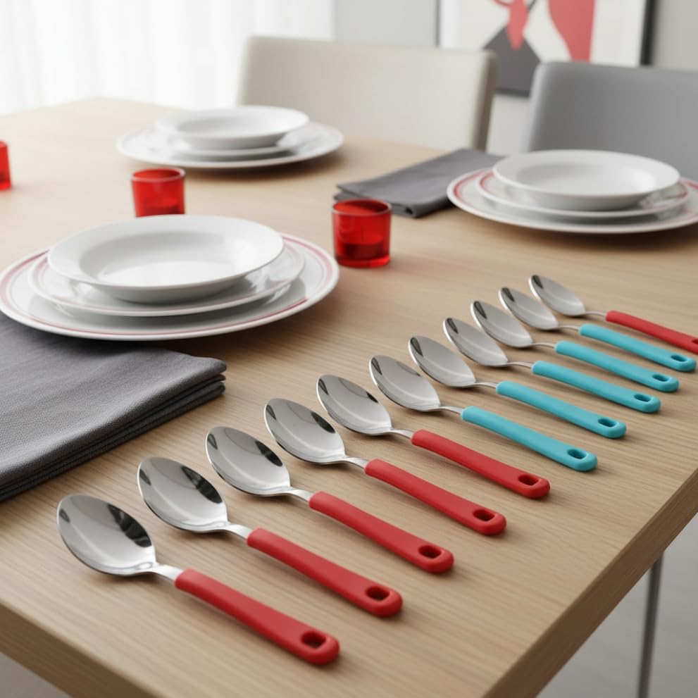 Image of Premium Stainless Steel Table Spoon Set of 6 | 15 cm Large Dinner Spoons, Mirror Finish | Flatware for Dining Table & Kitchen | Dishwasher Safe | Red
