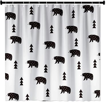 Bear Forest Shower Curtain Red and Black Checkerboard Grid Pattern Bathroom Curtain Rustic Decor Bath Curtain Set with Hooks 71X71 Inches White