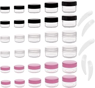 ZEJIA 30 Pieces Sample Containers with Screw Lids,5 size 3/5/10/15/20 Gram Cosmetic Containers with 30pcs Labels and 5pcs Mini Disposable Spatula,for Makeup Eye Shadow Powder Lotion Jewelry