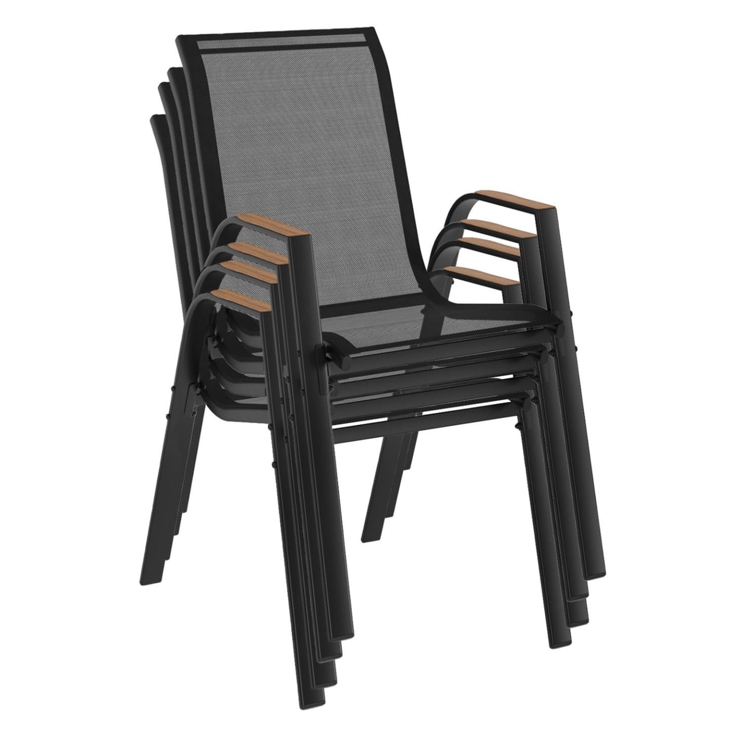 IDMarket NOUMEA - Juego de 4 sillas de jardín (metal y textileno, apilables, color negro y madera)
