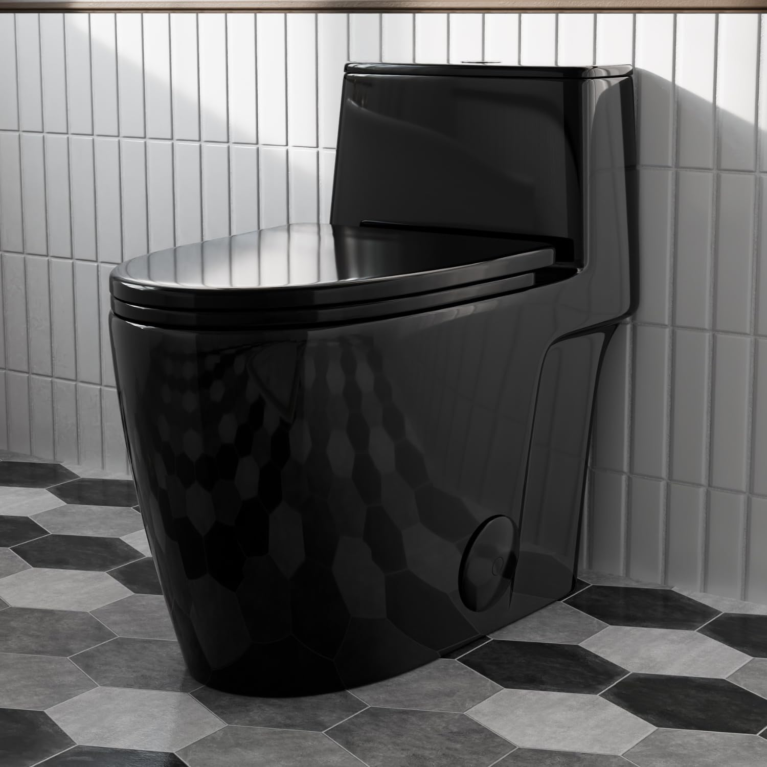 Inodoro negro con descarga de remolino sin borde, inodoros modernos y alargados de una pieza ADA de 17.3 pulgadas para baños, doble descarga de 1.0/1.28 GPF, altura de silla cómoda