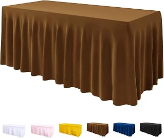 Table Cover and Skirt One-Piece for Folding Tables, 6FT Spandex Fitted Tablecloth with Ruffles Skirt for Weddings, Banquets, Baby Showers, Parties, Vendors (Brown)