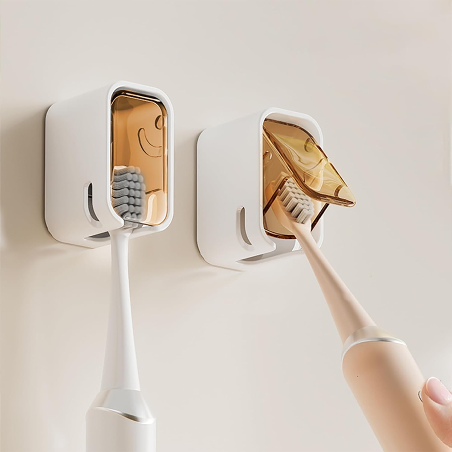 2 Pcs Toothbrush Holders for Bathroom【Upgrade Single Slot Design】 Toothbrush Holder Wall Mounted with Cover, Self-Adhesive Tooth Brush Storage Organizer for Family and Travel(2, Brown)