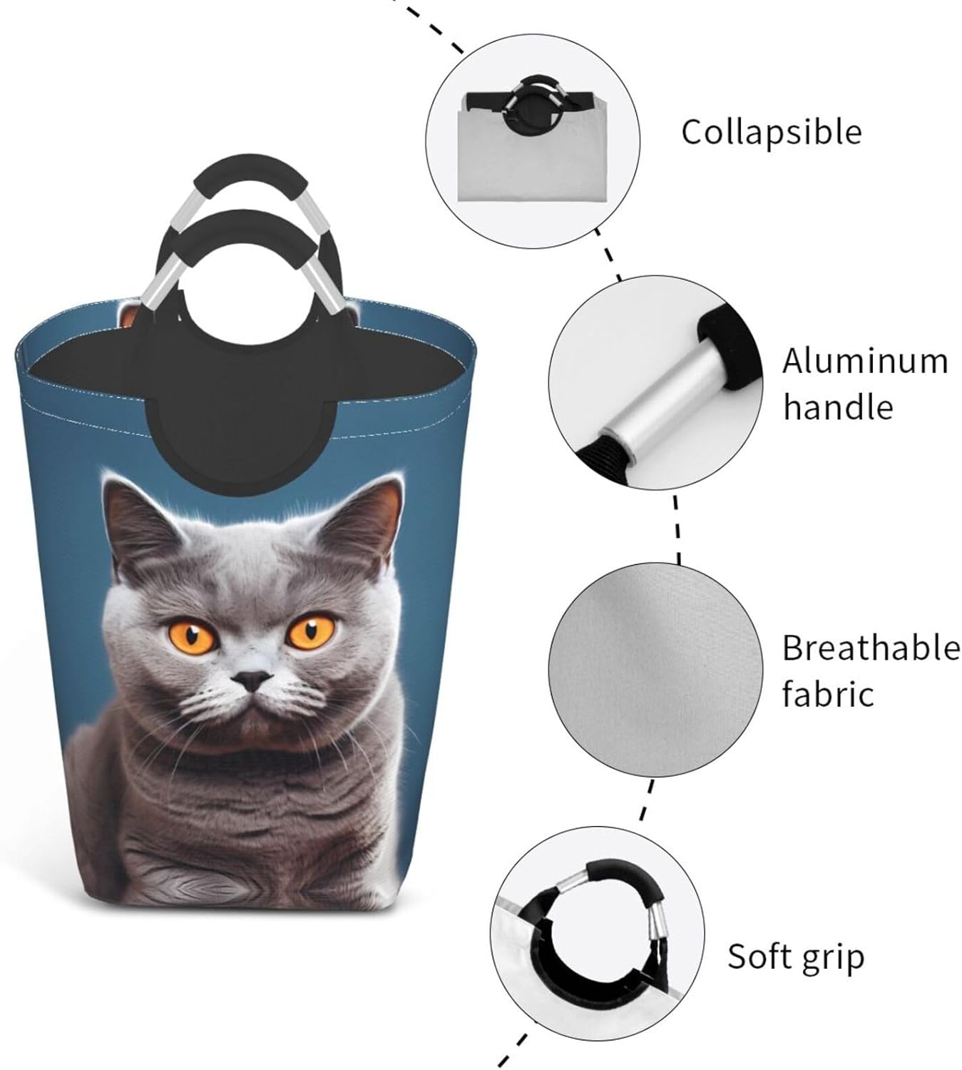 Cute shorthair cat Foldable storage bag, 50L capacity, suitable for laundry room, dormitory bedroom, dirty clothes storage basket.