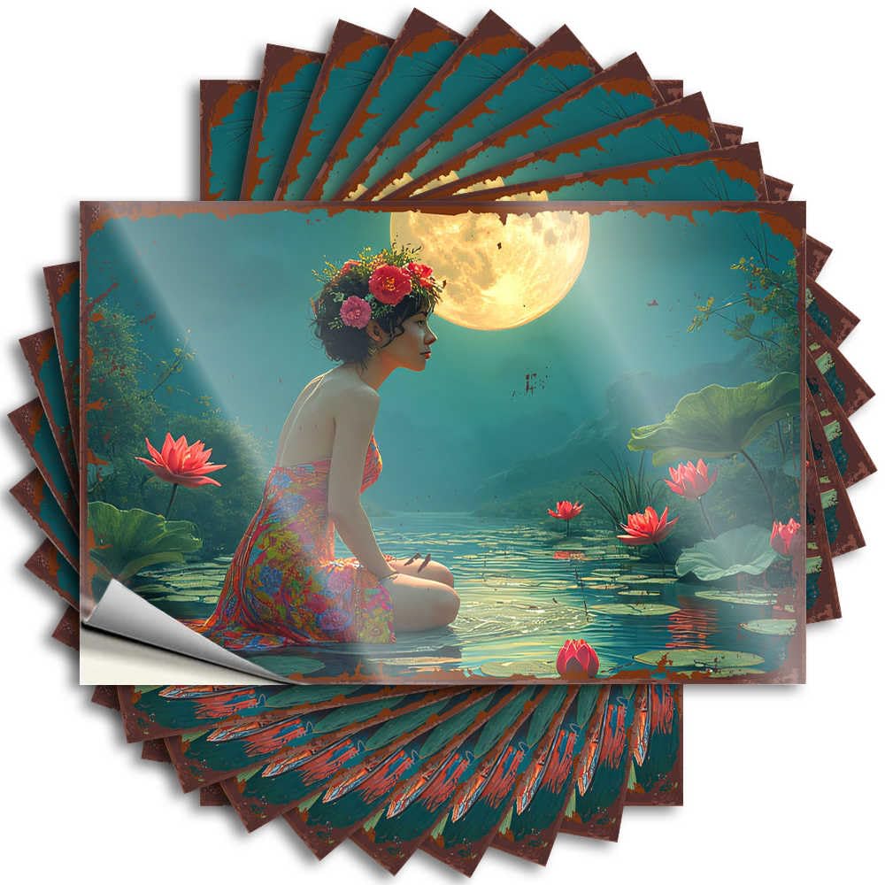 Dorm Decorations Lettering Sticker Durable Garage | Full Moon Serenity: A Woman in A Lotus Pond Western Self Adhesive Sticker for Stone DIY(8X12CM)