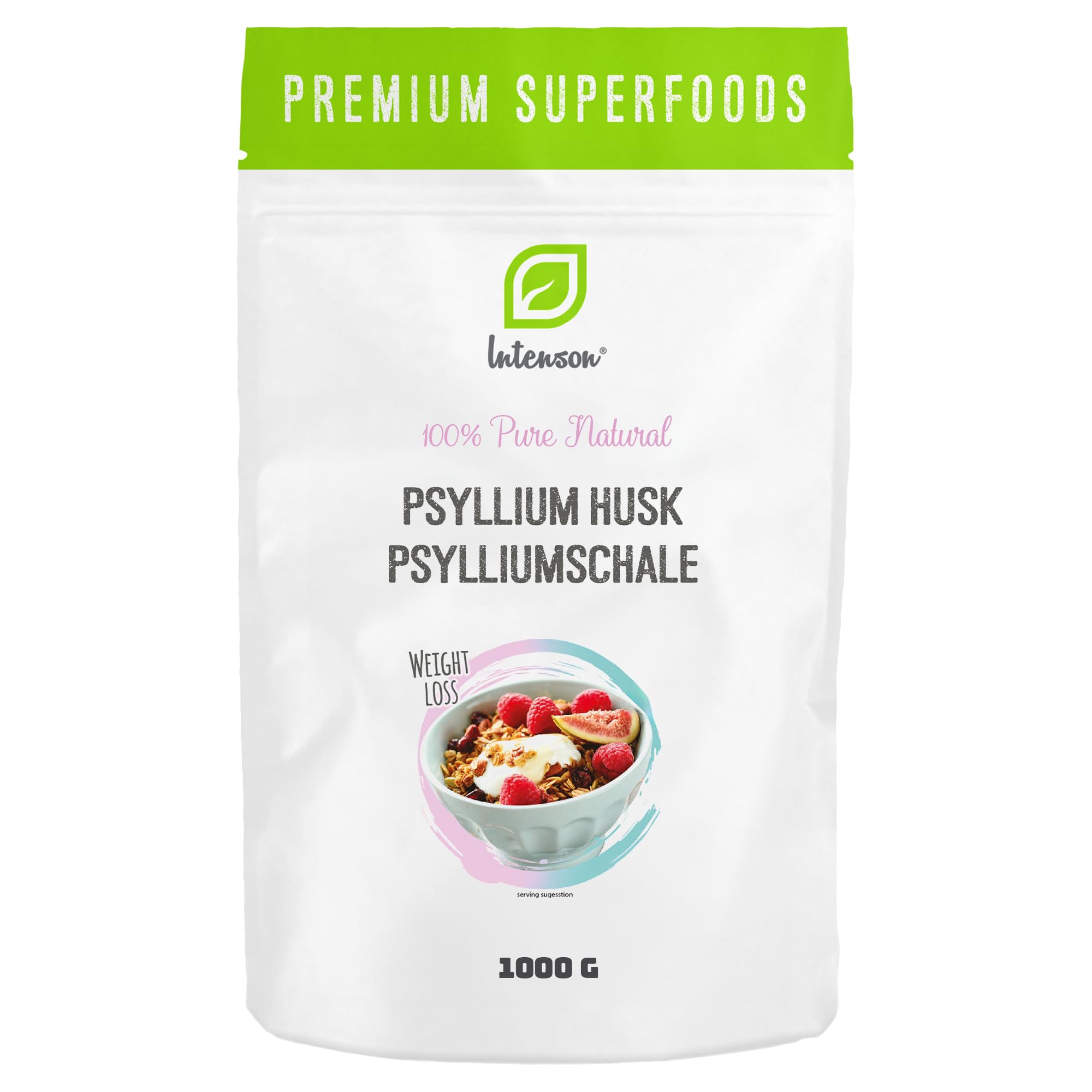 INTENSON Psyllium Husk 1 kg, Pure &Natural Psyllium Seeds Husks, High in Fibre, to be Mixed with Water, Beverages, & Juices, Vegetarian & Vegan