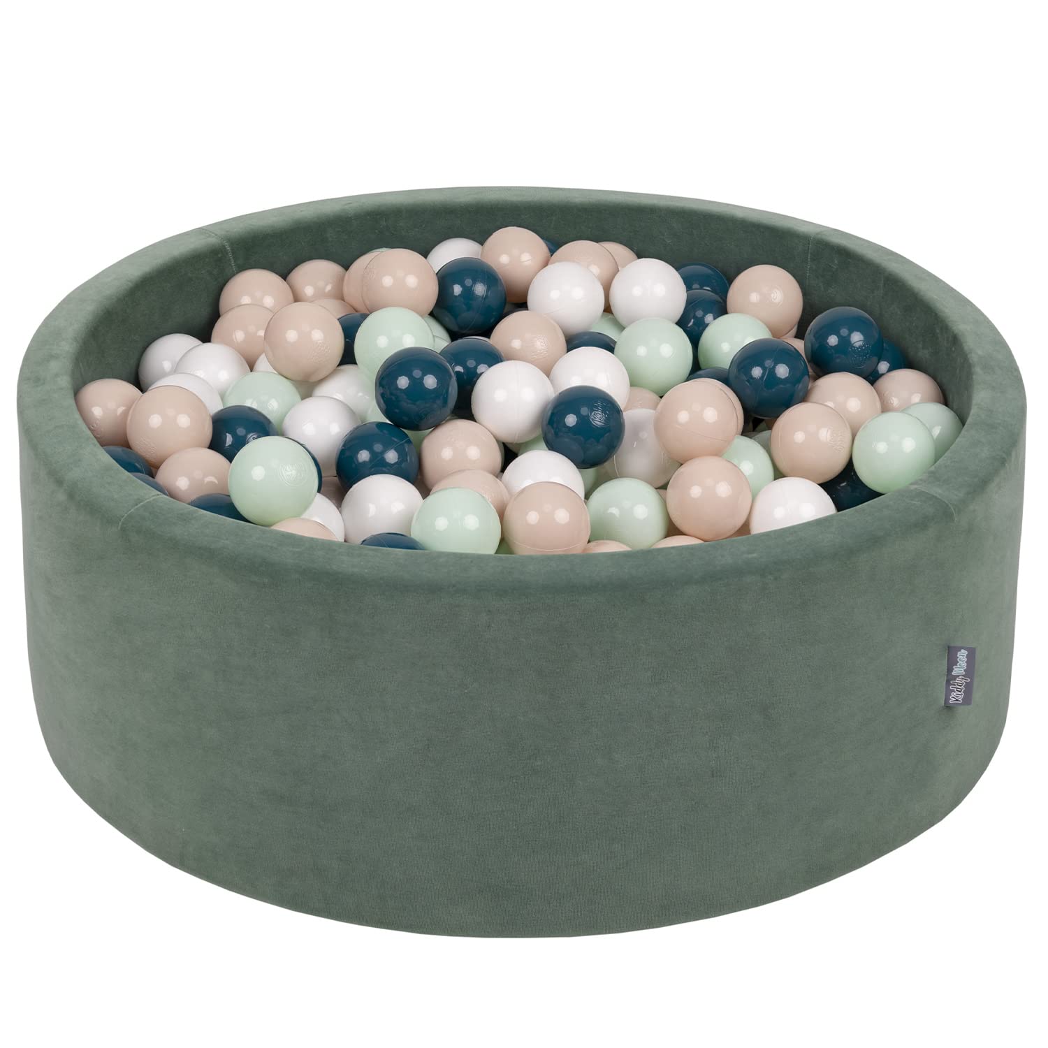 KiddyMoon Soft Ball Pit Round 90X30cm/200 Balls ∅ 7Cm / 2.75In For Kids, Foam Velvet Ball Pool Baby Playballs, Made In EU, Forest Green:Dark Turquoise/Pastel Beige/White/Mint — image 1