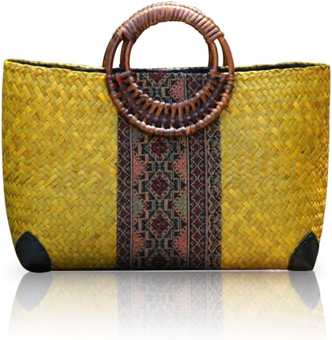 QTKJ Women Summer Retro Straw Bag with Printing Hand-woven Beach Handbag Top Round Handle Boho Tote Bag Shopping and Travel Large Bag (Yellow), Yellow, 14.1”x 3.9”x 7.8”