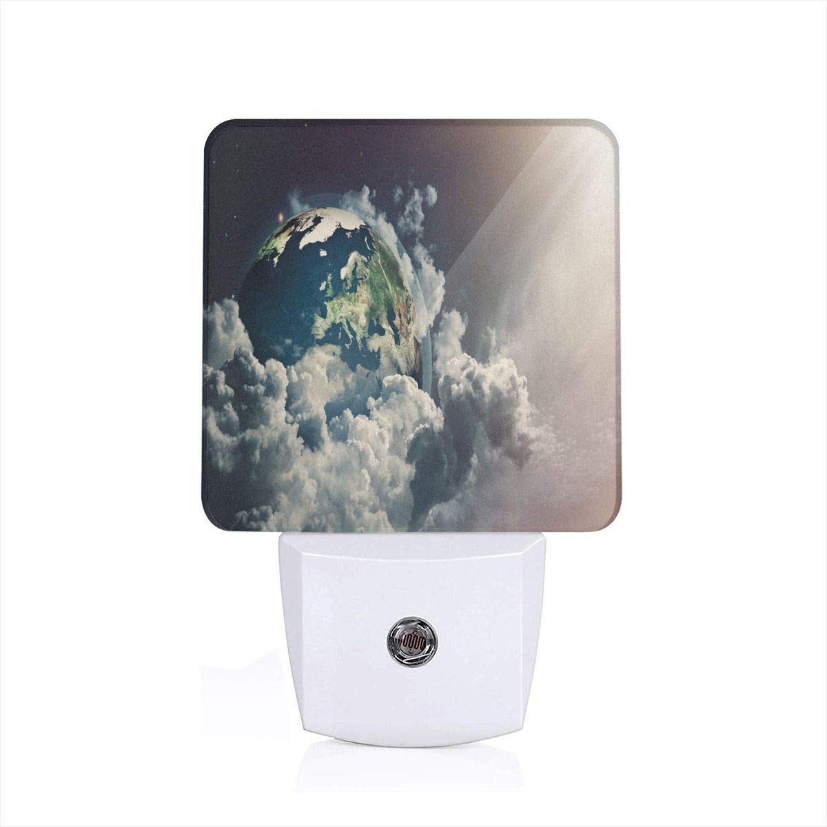 Shepinqee Nutmix World Abstract Planet Earth View with Majestic Clouds Sun Rays and Stars Dark Blue White Pale Yellow Children's Room Automatic On/Off Night Lights