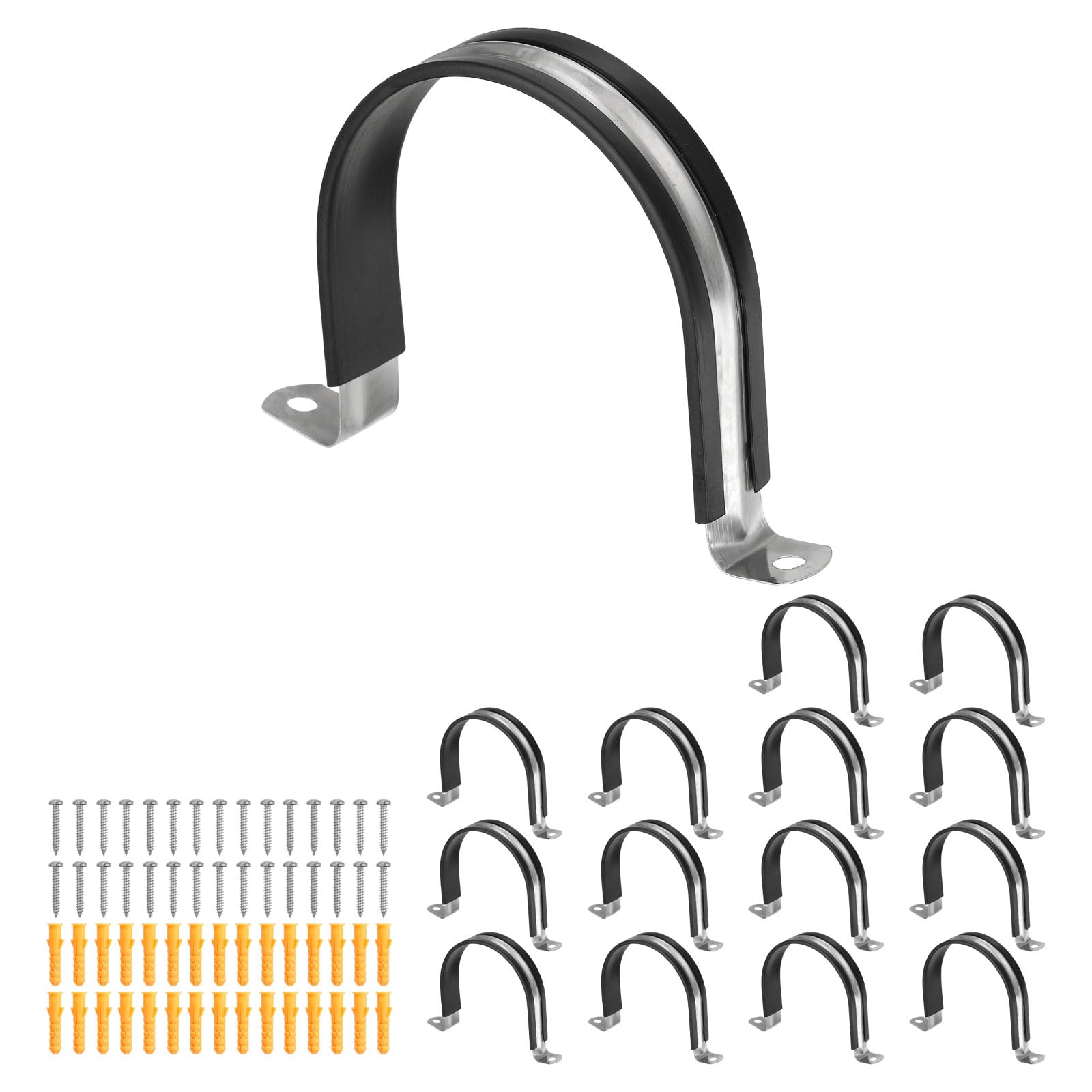 sourcing map 15 Pcs Pipe Strap Clamp, 89mm(3.5") Rubber Cable Clamp Rubber Cushioned 304 Stainless Steel U Bracket Tube Holder Support with Screws for Water Pipe HVAC Cable Management โ image 1