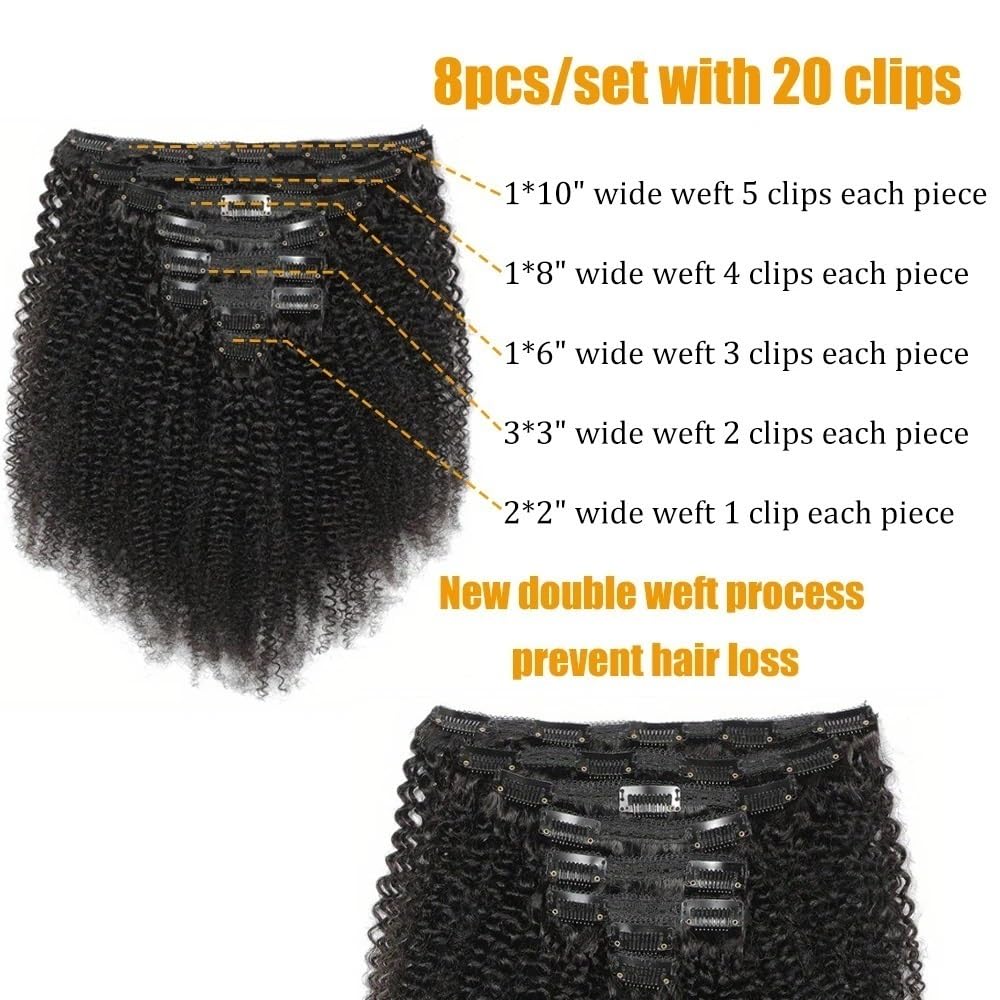 Przedłużenie włosów ludzkich z klipsami afro, kręcone, 8 sztuk, 120 g/zestaw, naturalne ze brazylijskie włosy, dla czarnych kobiet, kolor 20-55 cm przedłużanie włosów (12 cali)