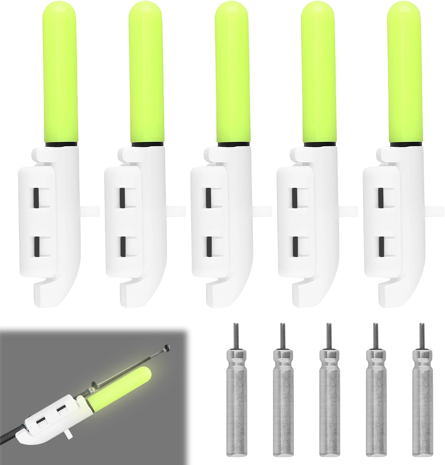 5PCS Rod Tip Lights, Portable Tip Up Lights with Buckle, Waterproof Sea Fishing Bite Alarm Indicator Fishing Alerter Tackle Accessories for Night Fishing Use (Green Luminous)
