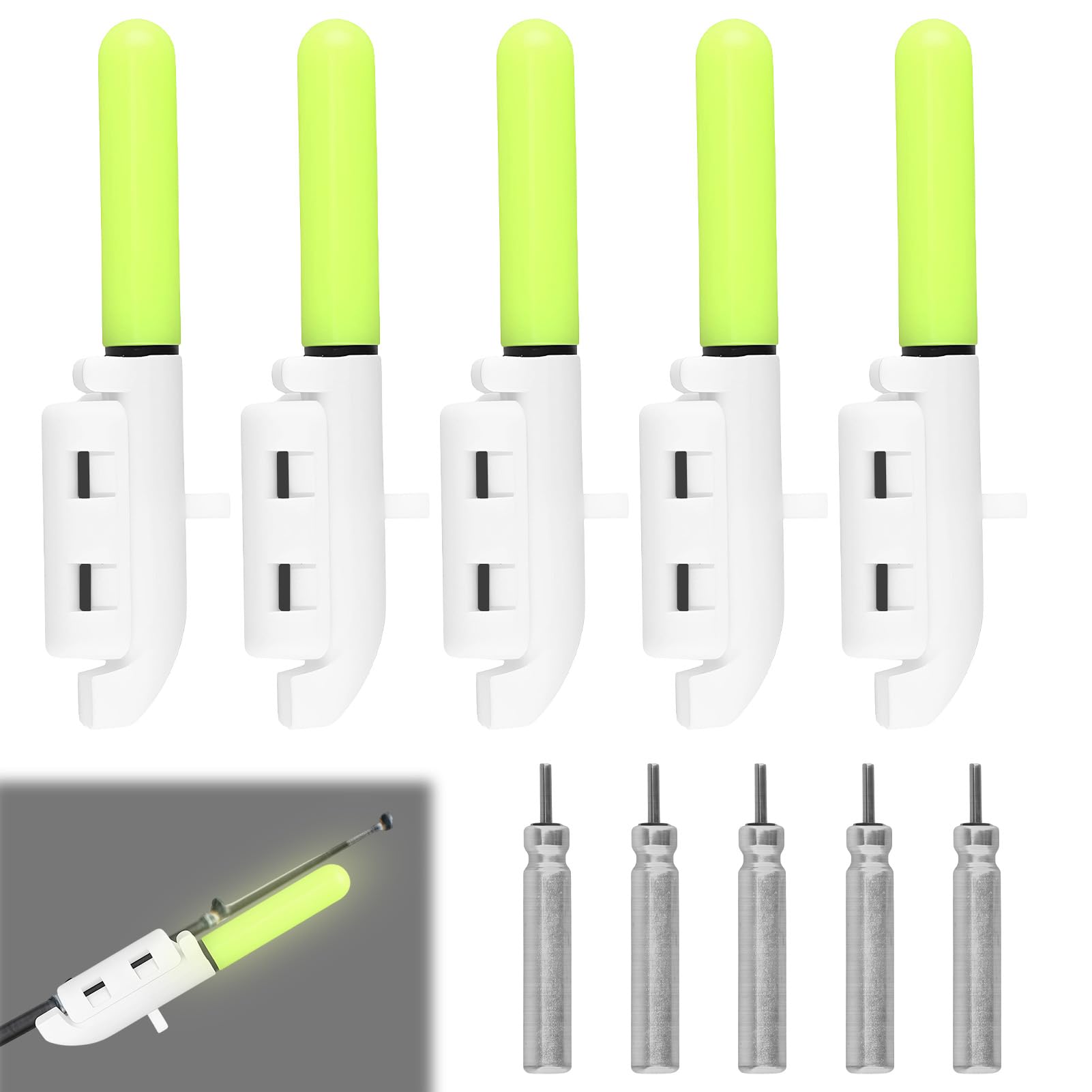 UIHRLM 5PCS Rod Tip Lights, Portable Tip Up Lights with Buckle, Waterproof Sea Fishing Bite Alarm Indicator Fishing Alerter Tackle Accessories for Night Fishing Use (Green Luminous)